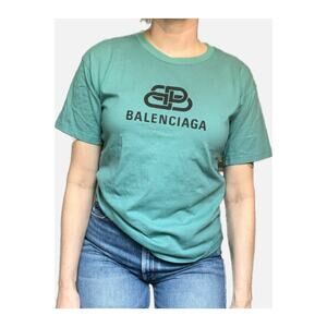 Balenciaga Cotton Interlock BB Puff Logo Print Basic Tee Teal Womens Medium